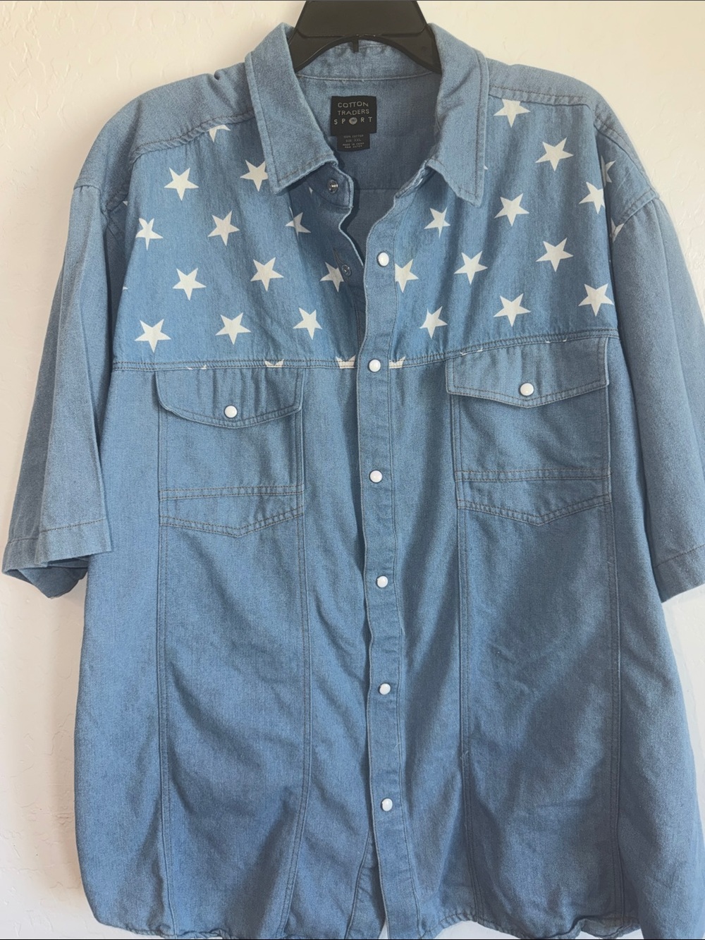Women’s plus XXL Blue Star Print Denim Shirt snap buttons cotton western country